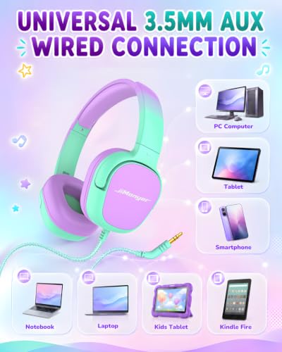 Jimonyer Kids Headphones with Safe Volume Limited for School Travel | 3.5mm Wired, Foldable, Stereo Sound On-Ear Headset for iPad Computer Boys Girls (GreenPurple) - color: GreenPurple