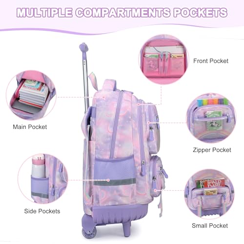 Scothen Rolling Backpack for Girls, 3PCS Roller School Backpacks for Girls with Lunch Bag and Pencil Pouch, Kids Bookbag Schoolbag with Wheels for Teen Girl Kindergarten Elementary Middle School - color: Purple