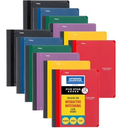 Five Star Interactive Notetaking Composition Books, 12 Pack, 1 Subject, College Ruled Paper, 11" x 8-1/2", 100 Sheets, Red, Yellow, Green, Blue, Purple, Black (38614) - size: 12 Pack