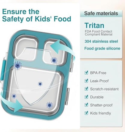 HOMEKOL Stainless Steel Bento Lunch Box, Blue, 3.3Cups | 3-Compartment,Leak-Proof, for Kids & Adults, BPA-Free, Dishwasher Safe, Clear Tritan Lid, 800ml (Not Insulated) - color: Blue, size: 27oz (800ml)