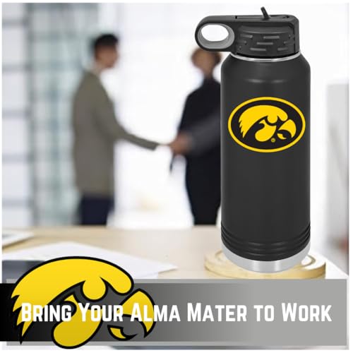 Game Day Outfitters University of Iowa 32oz Stainless Steel Double Walled Black Beverage Bottle with Flip Straw Spout - College Gear for Playoff Season – Show your Hawkeye Pride - style: Iowa / Black