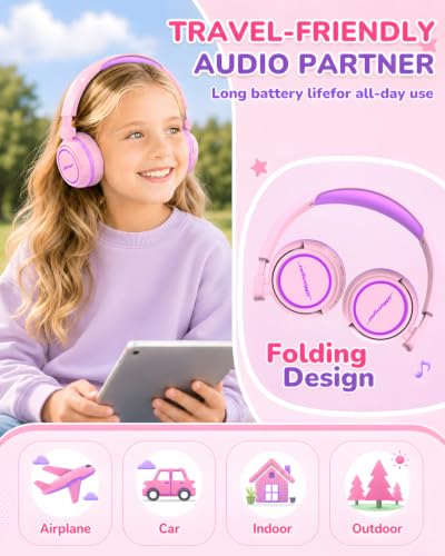 Kids Bluetooth Headphones, 80H Playtime Lightweight Wireless Headphones for Kids, 85/94dB Safe Volume Limit, Bluetooth 5.4, Built-in Mic kids headphones for School, Travel, iPad, Tablet (Pinkpurple) - color: Pinkpurple