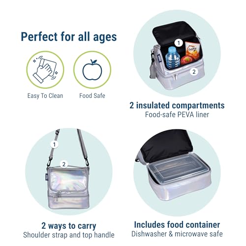 Wildkin Two Compartment Lunch Bag, Holographic | Two compartments keep lunch and snacks separate, PEVA-lined main section, ages 5+ — clean solid colors - color: Holographic