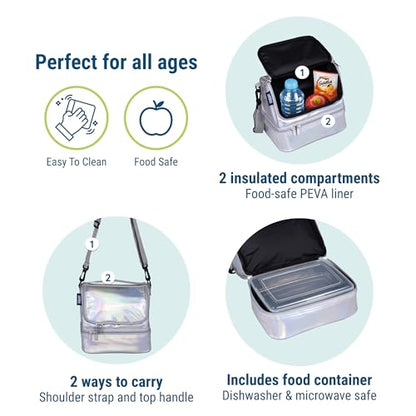 Wildkin Two Compartment Lunch Bag, Holographic | Two compartments keep lunch and snacks separate, PEVA-lined main section, ages 5+ — clean solid colors - color: Holographic