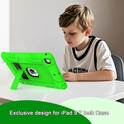 iPad 6th Generation Cases, iPad 5th Generation Case, iPad Air 2 Case, iPad 9.7 Case, Shockproof Rugged Drop Protection Cover Built with Kickstand for iPad 9.7'' A1893/A1954/A1822/A1823 (Green) - color: Green+Black