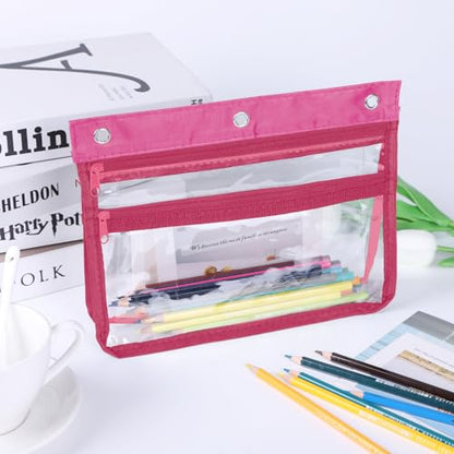 Pencil Pouch for 3 Ring Binder with 1.5 inch Expandable Large Capacity, Double Pockets Zipper Pencil Case, Pencil Binder Pouch for School Office Home, Rosy - color: rosy