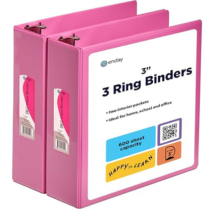 3 Inch Binder (2 Pack) Pink 3 Ring Binder 3 inch, Clear View Cover with 2 Inside Pockets, Three Ring Binders for Home, Office and School Supplies - Enday - color: 2 Pink, size: 3-Inch
