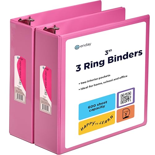 3 Inch Binder (2 Pack) Pink 3 Ring Binder 3 inch, Clear View Cover with 2 Inside Pockets, Three Ring Binders for Home, Office and School Supplies - Enday - color: 2 Pink, size: 3-Inch