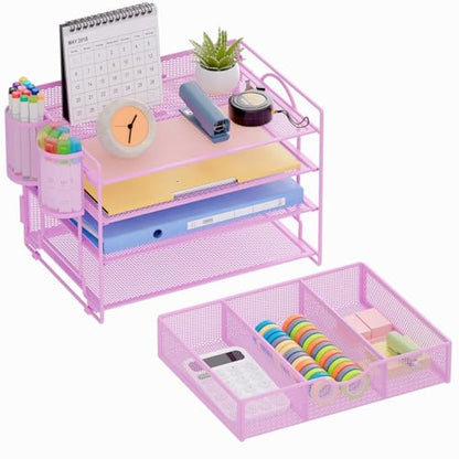 Marbrasse 4-Trays Desk File Organizer with 2 Pen Holder, Desktop Hanging File Holder with Drawer, Paper Letter Tray Organizer (Purple) - color: Purple with Pen Holder
