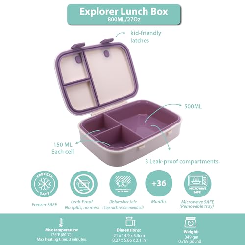 Kids Bento Explorer Lunch Box, 3 No-Mix Compartments, Microwave & Dishwasher Safe, Lightweight with Removable Tray, for Daycare, Preschool, School (Purple Light Powder Clevapirouette Friend) - color: Purple Light Powder Clevapirouette Friend