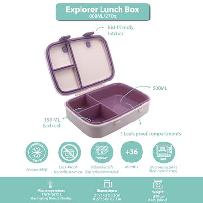 Kids Bento Explorer Lunch Box, 3 No-Mix Compartments, Microwave & Dishwasher Safe, Lightweight with Removable Tray, for Daycare, Preschool, School (Purple Light Powder Clevapirouette Friend) - color: Purple Light Powder Clevapirouette Friend