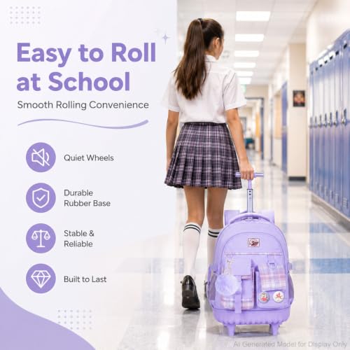 gxtvo 3PCS Girls Rolling Backpack, Women Roller Bookbag with Lunch Box for Adults, Water Resistant Wheeled School Bag for College Teens Kids Travel - Purple - color: 3pcs Set Purple