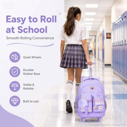 gxtvo 3PCS Girls Rolling Backpack, Women Roller Bookbag with Lunch Box for Adults, Water Resistant Wheeled School Bag for College Teens Kids Travel - Purple - color: 3pcs Set Purple