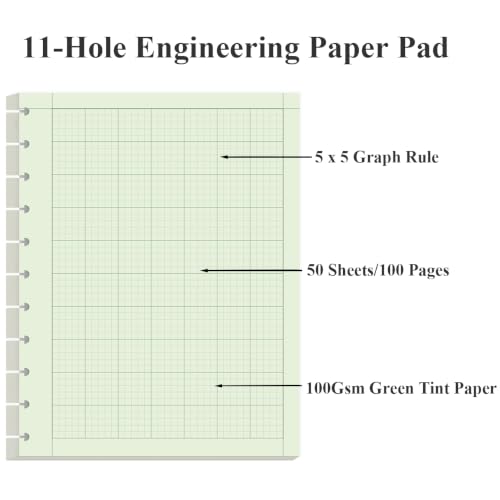 Yaridar Letter Size Discbound Engineering Paper - 50 Sheets/100 Pages Graph Paper, 11 TUL Disc 100Gsm Green Tint Paper, 5 x 5 Graph Rule on Back, 8-1/2" x 11" - size: 1-Pack, style: 11-Disc/Letter Size