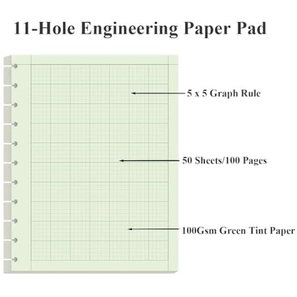 Yaridar (3-Pack) Letter Size Discbound Engineering Paper - 150 Sheets/300 Pages Graph Paper, 11 TUL Disc 100Gsm Green Tint Paper, 5 x 5 Graph Rule on Back, 8-1/2" x 11" - size: 3-Pack, style: 11-Disc/Letter Size