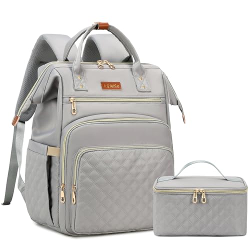 AIJIEKE Lunch Backpack for Women, 15.6 Laptop Backpack, Lunch Box, Gray | Water resistant computer bag with insulated leakproof cooler. Travel meal prep backpack for nurse, teacher, college commute - color: Grey