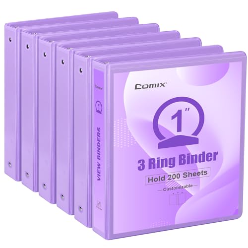 COMIX Standard 3 Ring Binder 1 inch with Clear View Cover, 1" Round Ring View Binder Holds 200 Sheets of US Letter Size Paper for School Office Supplies, 6 Pack (Pale Purple) - color: Pale Purple, size: 1 inch