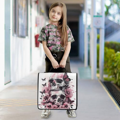 3 Ring Zipper Binder Pink Butterfly Skull Skeleton Binders Bag with Shoulder Strap 500 Sheets Paper Organizer Trapper Keeper Documents Storage File Folder for School Office - color: A1182