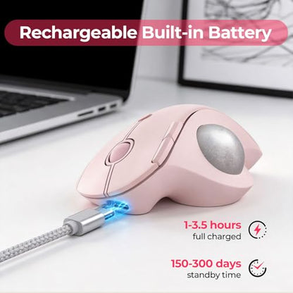 seenda Wireless Trackball Mouse, Ergonomic Bluetooth Rollerball Mouse Rechargeable, 3 Device Connection Optical Mice Adjustable DPI Thumb Control Mice Compatible for PC/Laptop/Windows/Mac - Rose Pink - color: Rose Pink