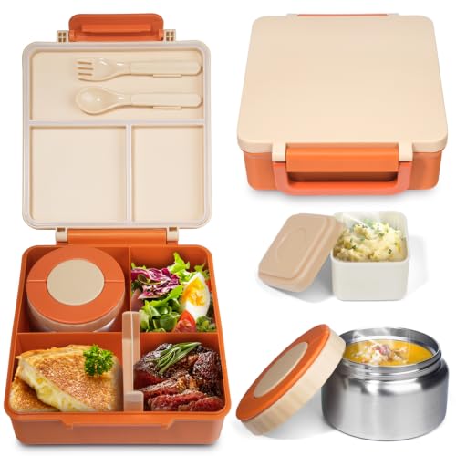 SOHIDA Bento Box with 10oz Soup Thermo: Gift for Kids, Kids Leakproof Lunch Box with 3 Compartments, School Supplies for Girl Boy Back to School,Orange - color: Orange