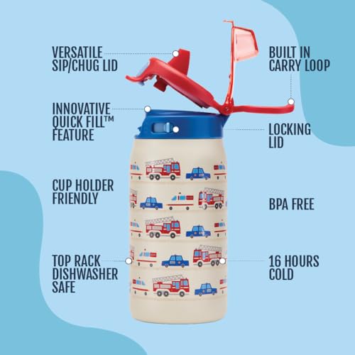 Ello Kids Pop & Fill 12oz Toddler Water Bottle with Quick Fill Lid, Double-Wall Vacuum Insulated Stainless Steel, Leak Proof, BPA Free, Sip & Chug, For School, Lunchboxes, To the Rescue - color: To the Rescue, size: 18 Ounces