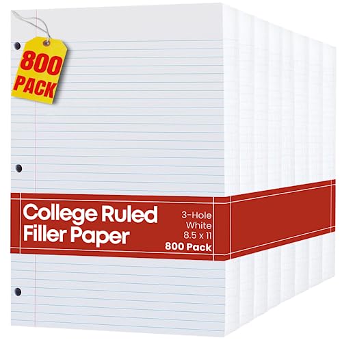 1InTheOffice College Ruled Filler Paper, Loose Leaf, 8.5" x 11", 3-Hole Punched, White, 800 Sheets – Bulk Lined Paper for School, Office, Binders - size: 800 Sheets