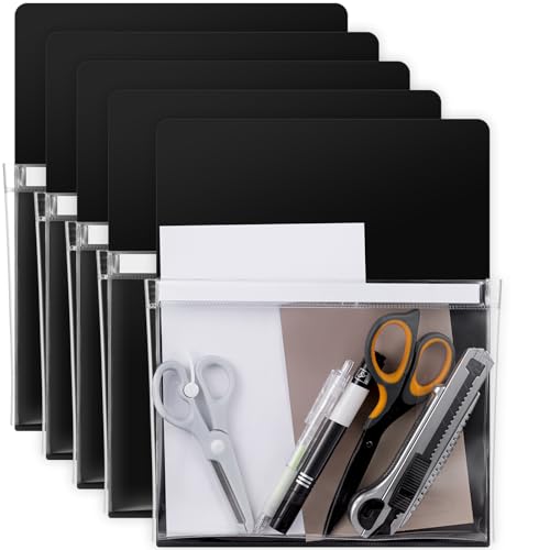 Henoyso 5 Pcs Magnetic File Holder Paper Holder Magnetic Pen Dry Erase Marker Organizer Fridge Pocket Organizer for Whiteboard Refrigerator, 12 x 9.5 in (Black) - color: Black