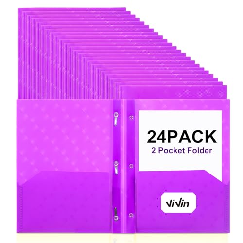 ViVin Plastic Folders with Pockets and Prongs,24 Pack,Heavy Duty 2-Pocket File Folder with 3 Fasteners,Fits Letter Size Paper,for School Home and Office(Bright Purple) - color: Bright Purple, size: 24 PACK