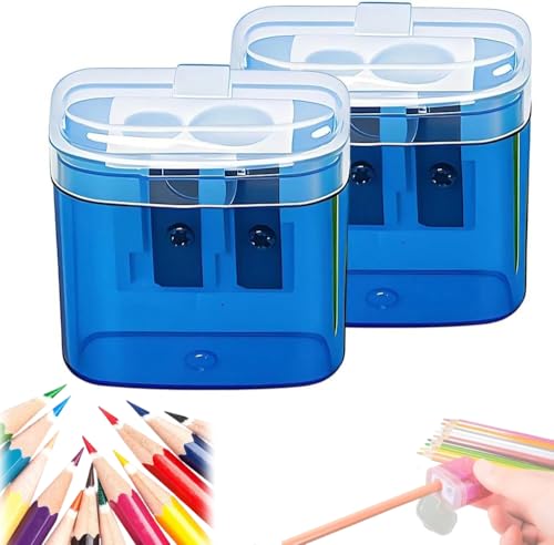 Dual Hole Pencil Sharpener, Handheld Pencil Pharpener for Kids with Lid,Mini Compact Colored Pencil Sharpeners with Shavings Collector, for Classroom, Back to School, Home & Office (Blue 2PCS) - color: Blue 2pcs