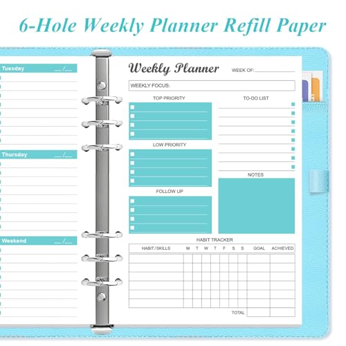 6-Hole Weekly Planner Refills for A5 Binders - 53 Sheets/106 Pages Undated Weekly Planner, 100 gsm White Paper, Lasts 1 Year, Undated, 5.8" x 8.3", Teal - size: 1-Pack, style: 6-Hole