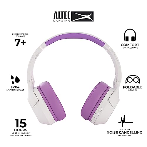 Altec Lansing Kid Safe Noise Cancelling Wireless Headphones 15H Battery, 85dB Volume Limit, Foldable Design Powerful Sound, Active Noise Cancellation Perfect for Kids Ages 7+ - color: Whiteout Purple