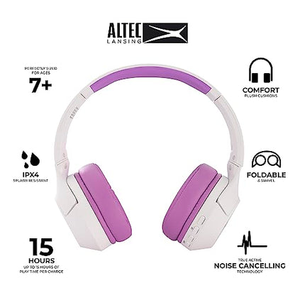 Altec Lansing Kid Safe Noise Cancelling Wireless Headphones 15H Battery, 85dB Volume Limit, Foldable Design Powerful Sound, Active Noise Cancellation Perfect for Kids Ages 7+ - color: Whiteout Purple