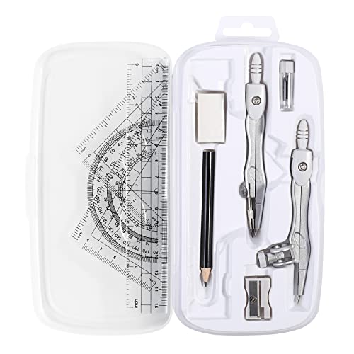 Unjoo Math Geometry Set 10 Pcs, Compass and Protractor for Students(Grey | Shatterproof Storage Box,Rulers,Protractor,Compass,Eraser,Pencil Sharpener,Lead Refills,Pencil,for Classroom, Back to School - color: Grey