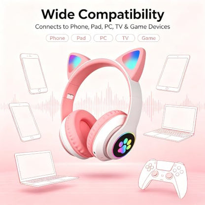 Cat Ear Bluetooth Headphones for Kids & Adults, Wireless Foldable & Wired Multi-Function LED Light Up Over Ear Headphones with Mic and Volume Control for iPhone/iPad/Laptop/PC (White 2) - color: white 2