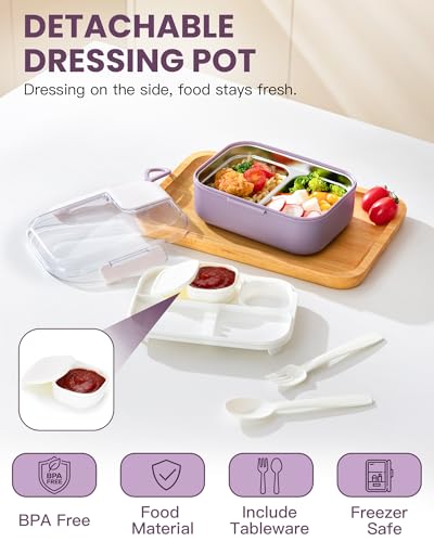 Lille Home 750 ML Meal Prep Lunch Box, Portable Stainless Steel Bento Box 2 Compartment Snack Container with Cutlery Set & Sauce Container, Easy to Carry, BPA Free(Purple) - color: Purple