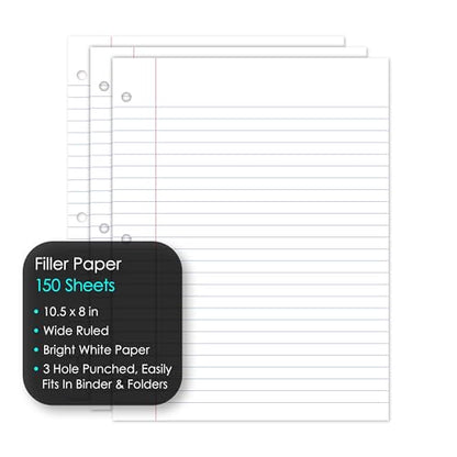 iScholar Wide Ruled Filler Paper, White, 10.5 x 8-Inches, 150 Sheets per Pack (81150) - size: 150 Sheets