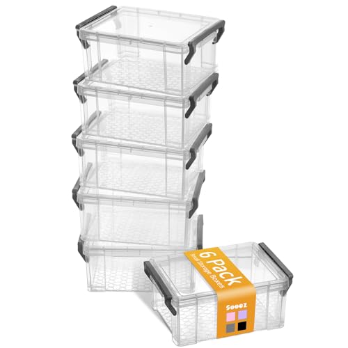 Sooez 6 Pack Small Plastic Containers with Lids, 6.4" x 4.4" x 2.7", Clear Crayon Box Pencil Pouch, Stackable Stroage Organizer for Beads Craft and Art Supplies, Storage Bins for Jewelry and Stickers - color: Grey, size: Small