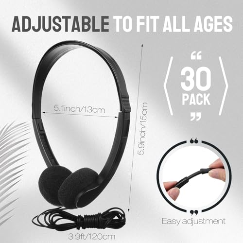 Konohan 30 Pack Bulk Classroom Headphones Wired Black Adjustable Over Ear Earbuds Headphones with 3.5 mm Plug for Teen Adults Students Schools Library Computer Labs Office Airplane