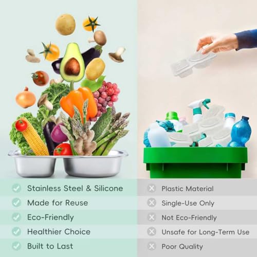 VITEVER 2 Pack Stainless Steel 2-Compartment Small Snack Containers with Lids, Reusable Snack Pack Containers, Lunch Box Accessories,Double Compartment Salad Dressing Containers to Go, 5.3oz - color: 2 Pack