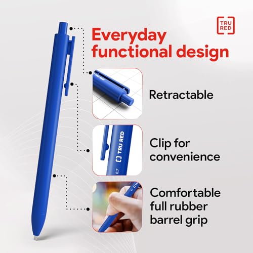 Staples TRU RED Retractable Gel Pens, Medium Point 0.7mm, Blue Ink, 12 Pack - Quick-Dry Pens for Smooth, Smear-Free Writing - color: Blue, size: 12 Pack, style: Medium Point