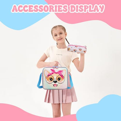 Meetbelify Backpack with Wheels for Girls Rolling Backpack Cute Carry on Backpack Kids Luggage with Lunch Box Pencil Case for Elementary Student - color: Dog