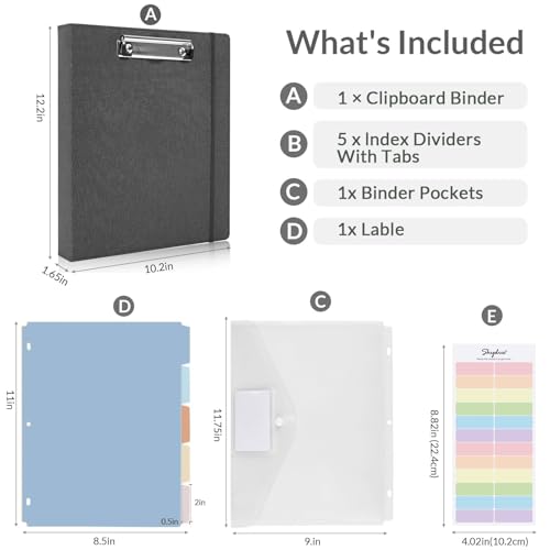 SKYDUE Clipboard Binder with Dividers,1 Inch 3 Ring Binder with Clipboard on Front for Organizer, Clipboard Folder with Pocket, Labels Office Supplies Gray - color: Gray