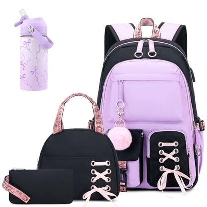 ACESAK Kids School Backpack for Girls, 4-In-1 Bookbag Backpack Set with 14OZ Insulated Kids Water Bottle, Lunch Bag Set for Girls Kid Teens Middle School Student, Girl Backpack for Schools - color: Black-purple