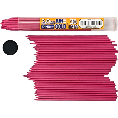June Gold 36 Pink (Taffy #107) Colored 2.0 mm Lead Refills, 90 mm Length | Bold Thickness for Heavy Use, Break / Smudge Resistant, Travel Carrying Tube, Pre-Sharpened - color: Pink (Taffy #107)