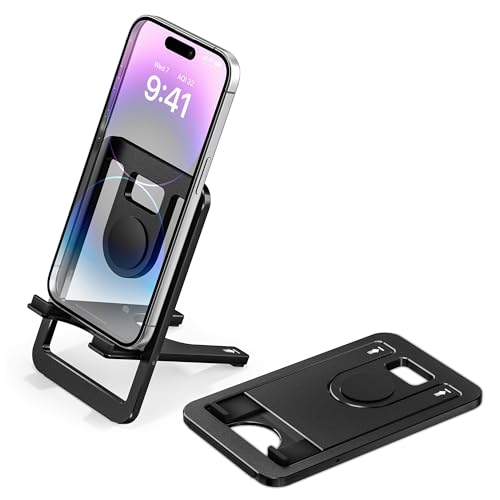 Itramax Phone Stand for Desk Foldable Desktop Holder Adjustable Phone Mount | Portable Tabletop Nightstand Recording Holder for iPhone 17 16 15 Pro Max iPad mini Galaxy S25 S24 Kindle Fire and Paperwhite - color: Black – for Phone (Max 400g)