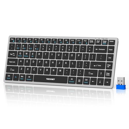 TECKNET Bluetooth Keyboard Rechargeable, 4-Device (2.4G+3BT) Wireless Keyboard, Small Ultra-Slim Keyboard, 14 Hotkeys Computer Keyboard for PC/Laptop/Tablet/iPad, Sliver-Black - color: Sliver-black