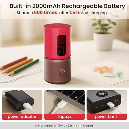 VUSIGN Electric Pencil Sharpener with 5 Adjustable Settings for Artists, Fully Automatic Sharpener for 6.9-11.2mm Pencils, Auto in & Out, Rechargeable Hands-Free Pencil Sharpener for School Classroom