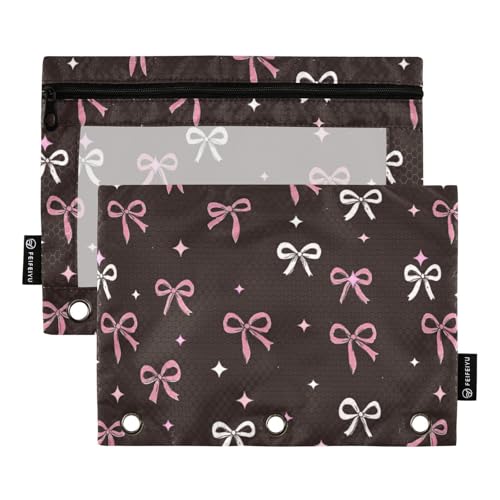Binder Pouches 3 Ring for Boys Girls Pink Bow Stars Zipper Pencil Pouches Case Bag with Clear Window School College Office Supplies 2 Pack - color: Multicolored