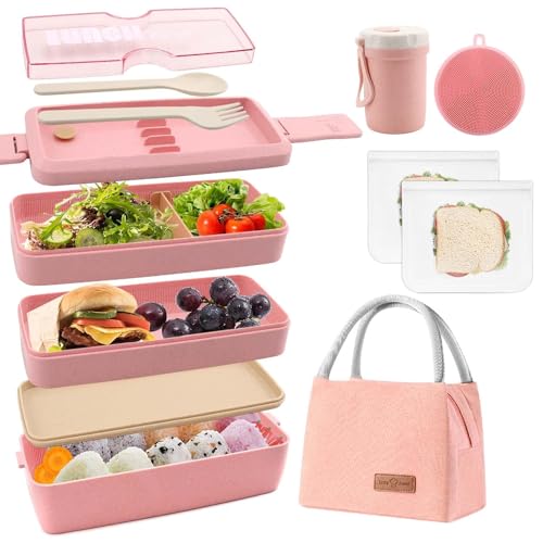 Bento Box Japanese Lunch Box Kit Leakproof Bento Lunch Box for Kids Adults Wheat Straw 3 Layer Stackable Lunch Containers with Compartment Eco-Friendly Meal Prep Containers (Pink) - color: Pink, size: 5Pcs