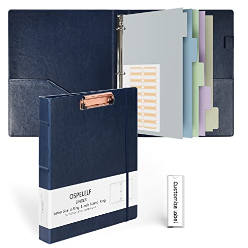 Ospelelf 3 Ring Binder With Clipboard 1 Inch Leather for Letter Size (8.5" x 11"), 5 Tab Dividers Office Supply, Dark Blue - color: Dark Blue, size: Letter Size - 1 Inch